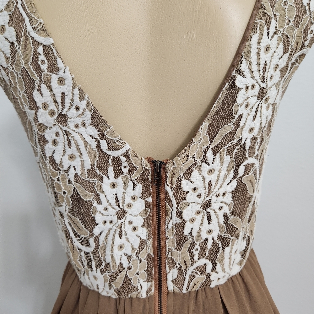 Elegant Lace Overlay Dress - Cream and Brown - Picture 3 of 7